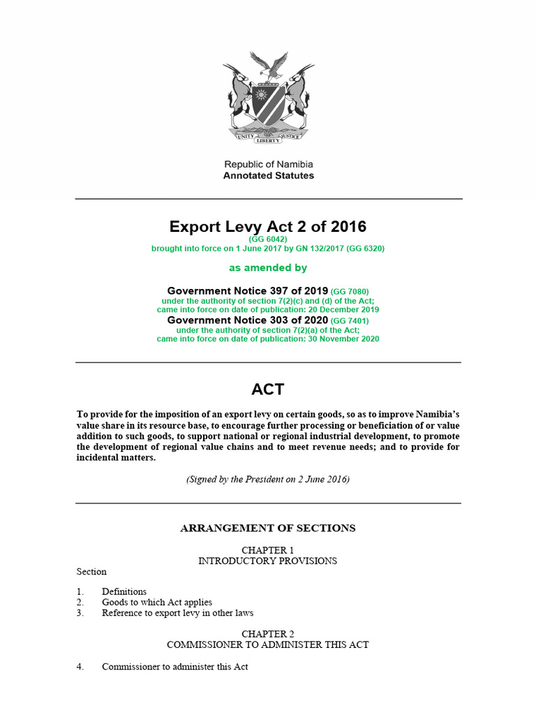 Namibia Export Levy Act Overview | PDF | Tuna | Taxes