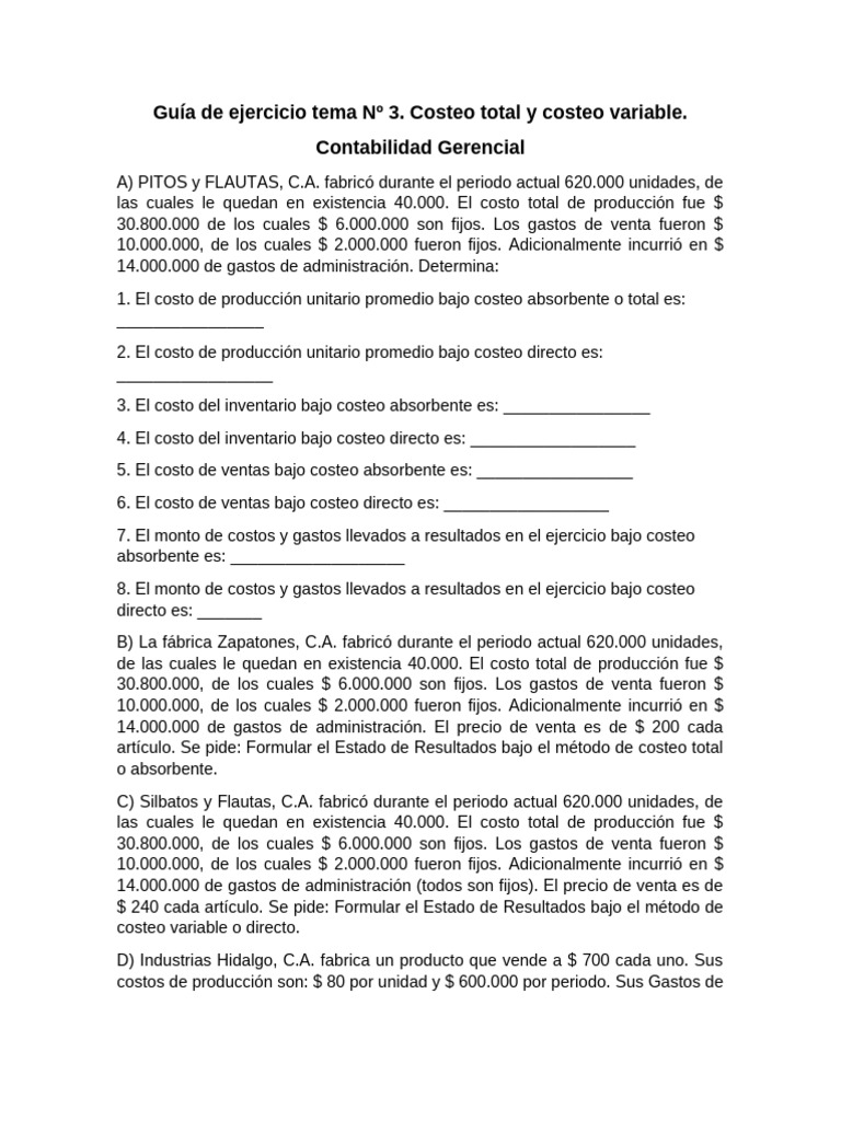 Costeo Total vs. Costeo Variable en Contabilidad | PDF | Estado de ...