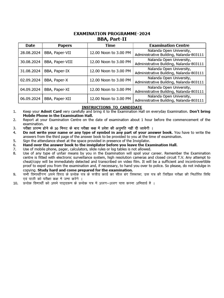 BBA Part II - Examination Programme 2024 | PDF