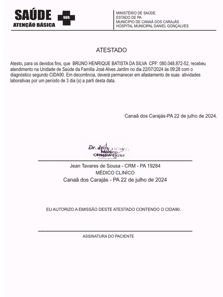 Atestado Médico de Afastamento 3 Dias | PDF