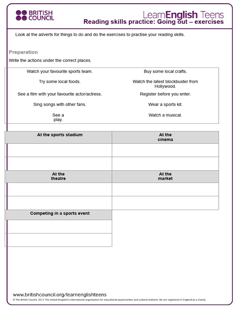Reading Skills: Going Out Exercises | PDF