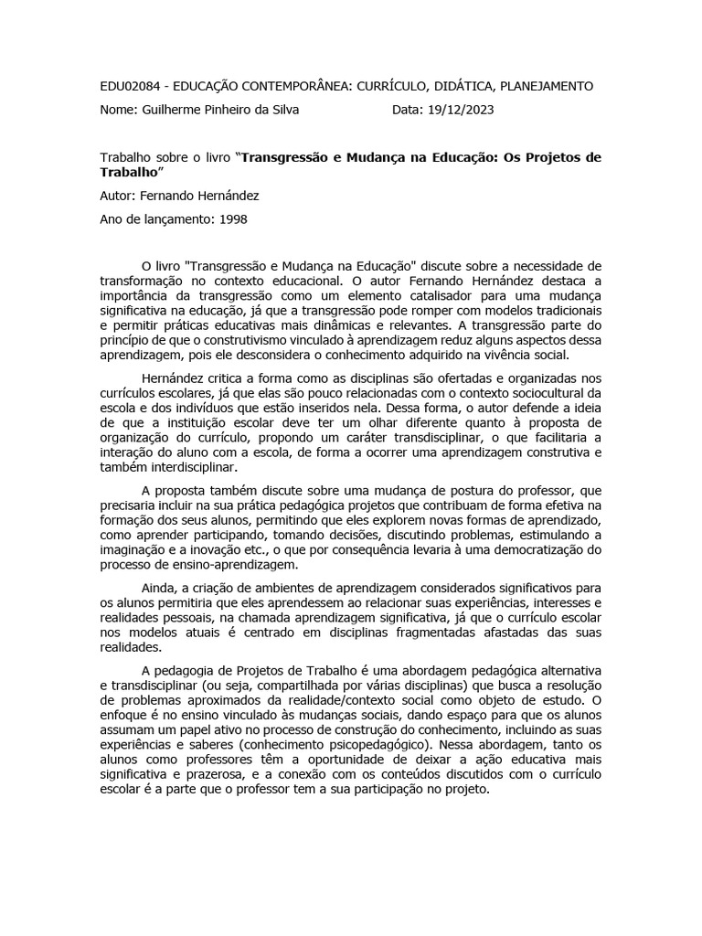 Transgressão na Educação: Currículo e Mudança | PDF | Aprendizado ...