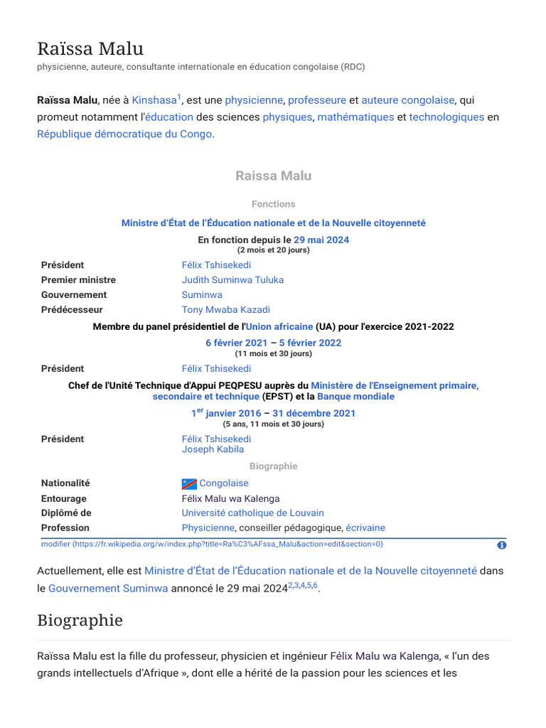 Raïssa Malu : Éducation et Sciences en RDC | PDF