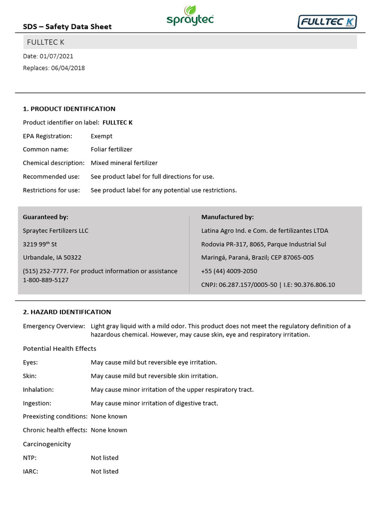 FULLTEC K Safety Data Sheet | PDF | Toxicity | Dangerous Goods