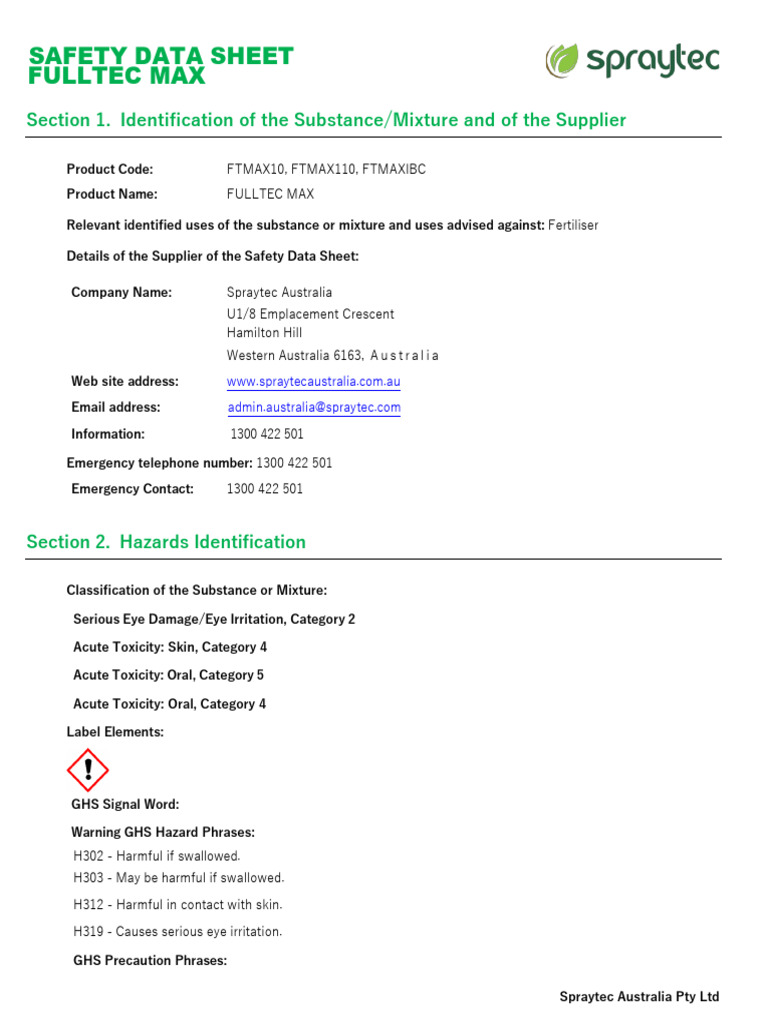 FULLTEC MAX Safety Data Sheet | PDF | Toxicity | Poison