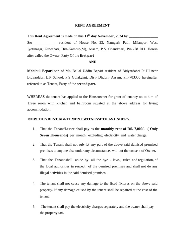Assam Rent Agreement Template | PDF | Leasehold Estate | Lease