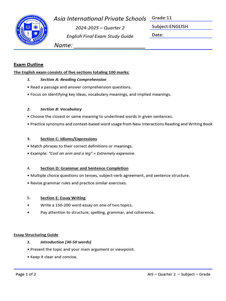 Grade 11 - Quarter 2 English Exam Study Guide | PDF