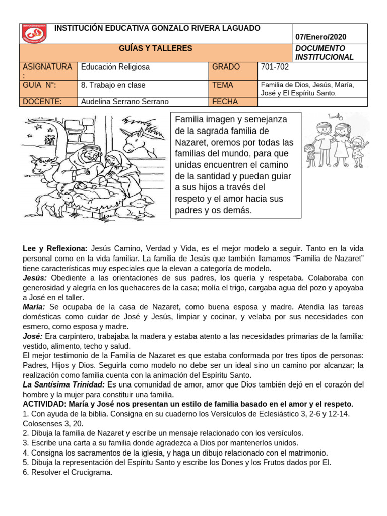 Guía 8 Religión 702-01 | PDF | San José | María, madre de Jesús