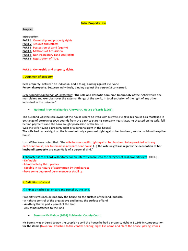 Fiche Property Law | PDF | Leasehold Estate | Fee Simple