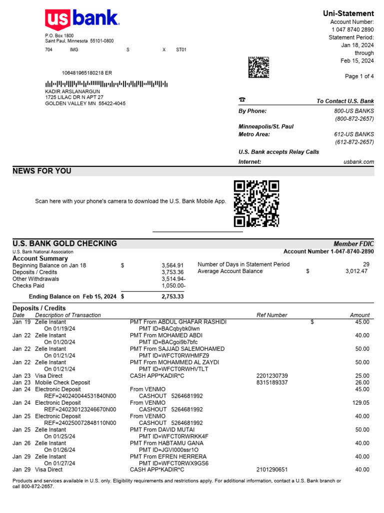 U.S. Bank Gold Checking Statement Summary | PDF | Credit Card | Interest