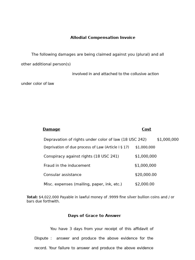 Allodial Compensation Invoice Details | PDF | Affidavit | Burden Of ...
