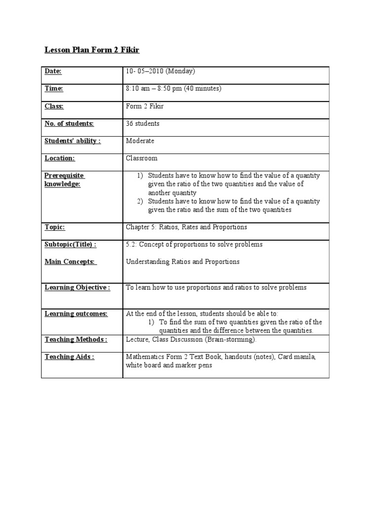 Form 2 Lesson Plan: Ratios & Proportions | PDF | Lesson Plan | Ratio