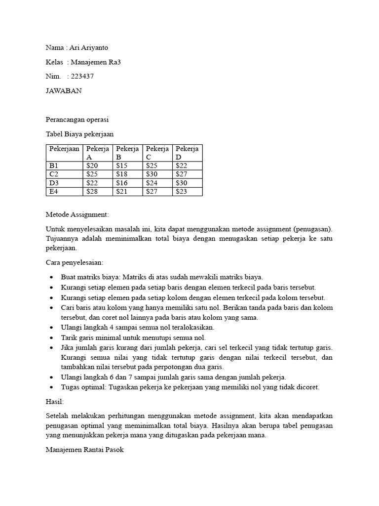 Metode Assignment dalam Manajemen Operasi | PDF
