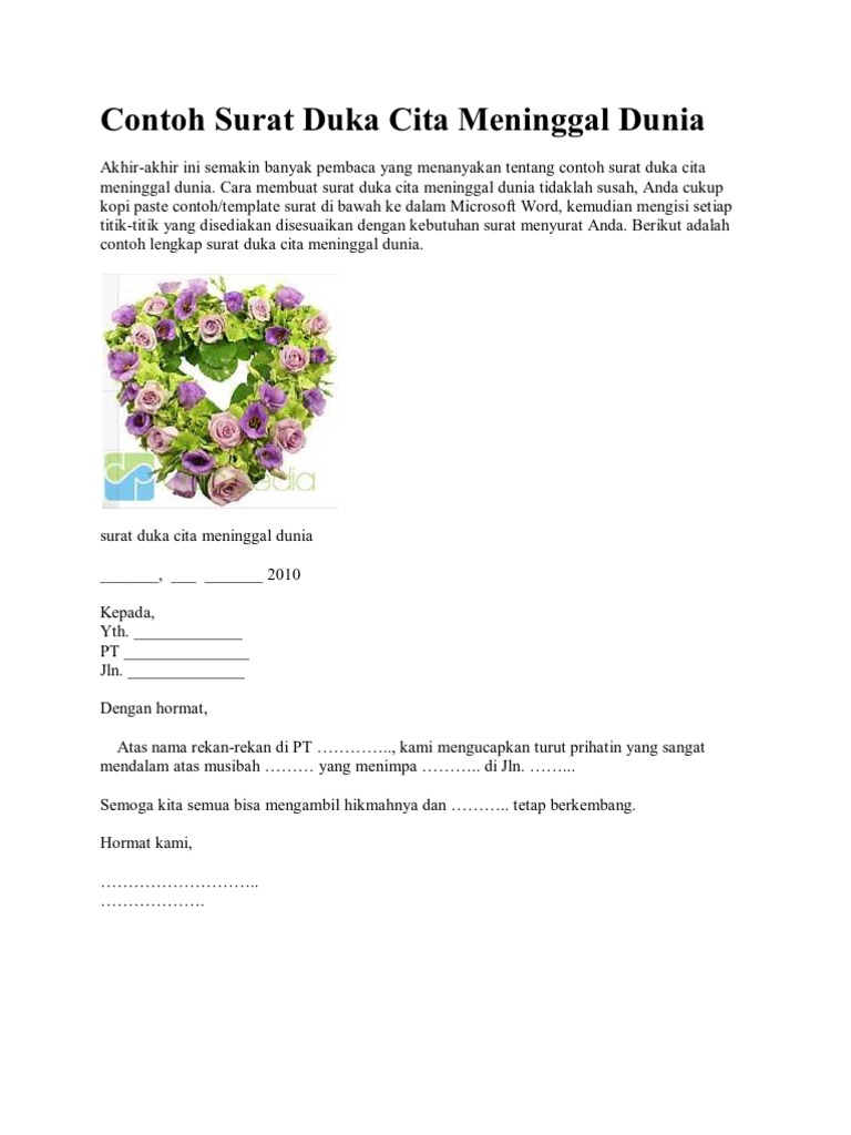 Contoh Surat Duka Cita Meninggal Dunia