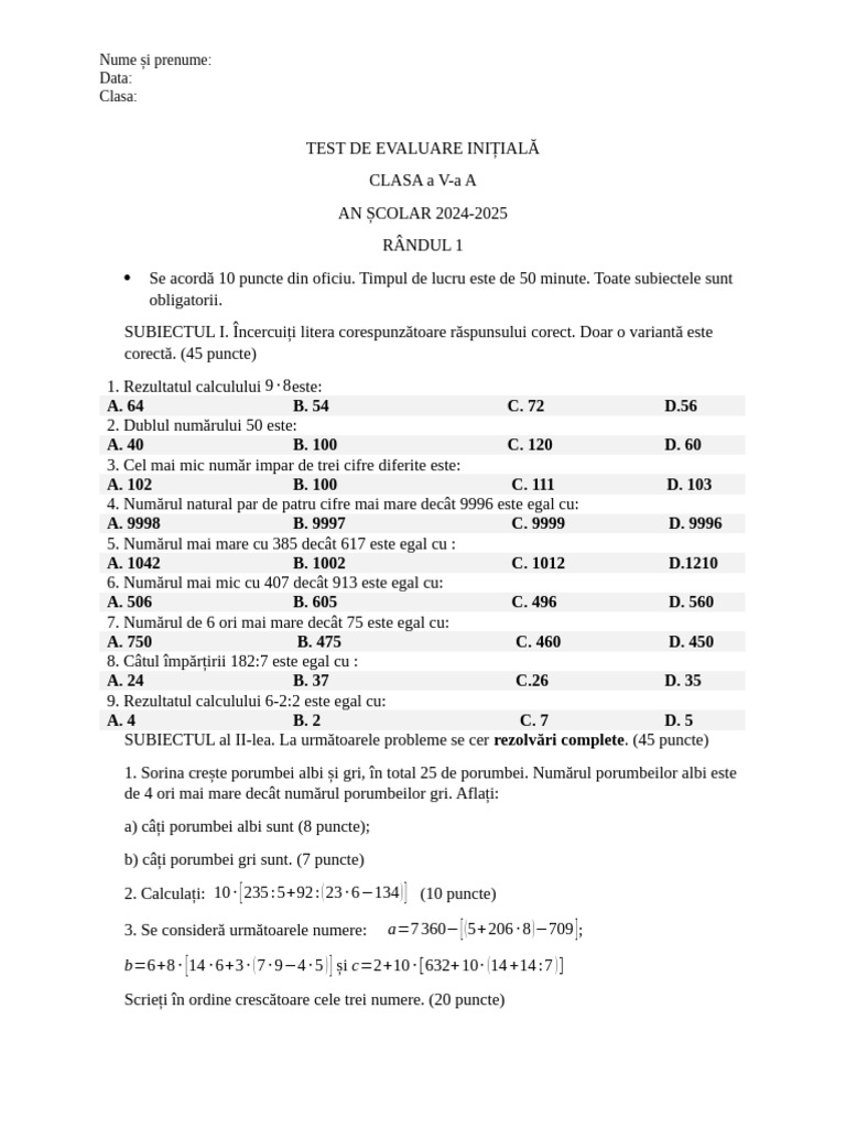 Test Initial Clasa A V-A | PDF