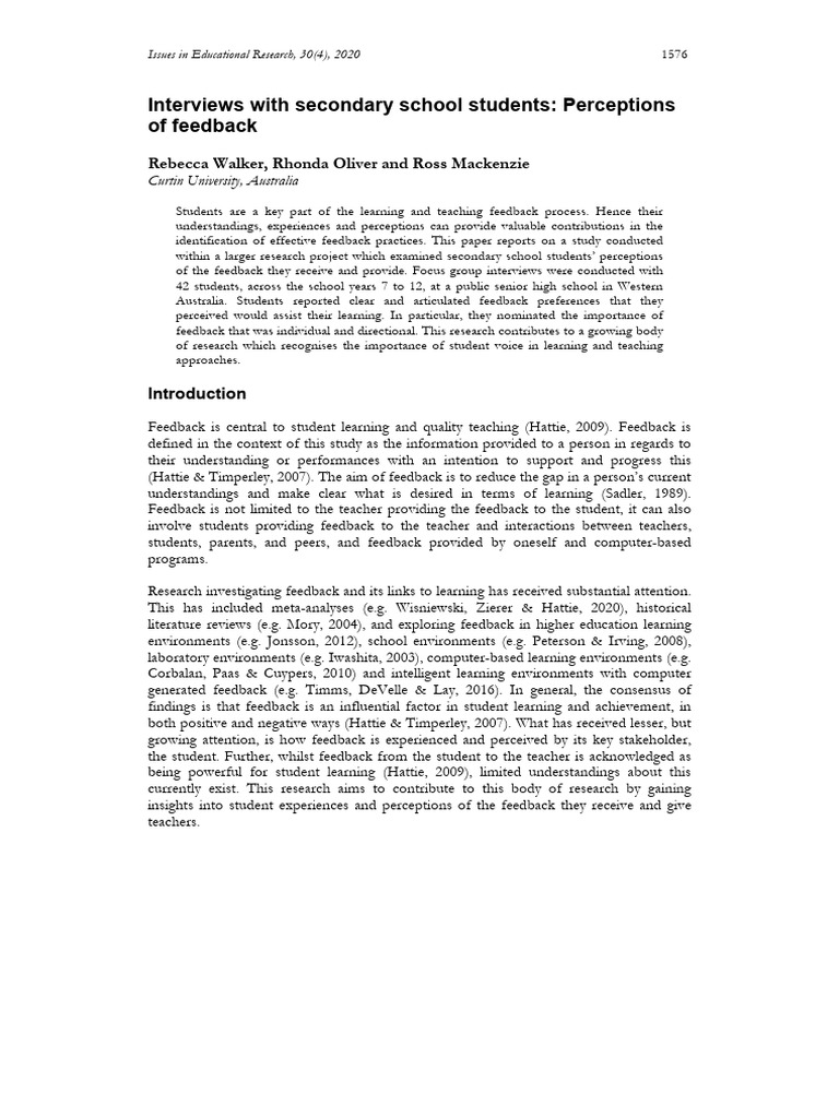 Student Perceptions of Feedback in Schools | PDF | Focus Group | Teachers