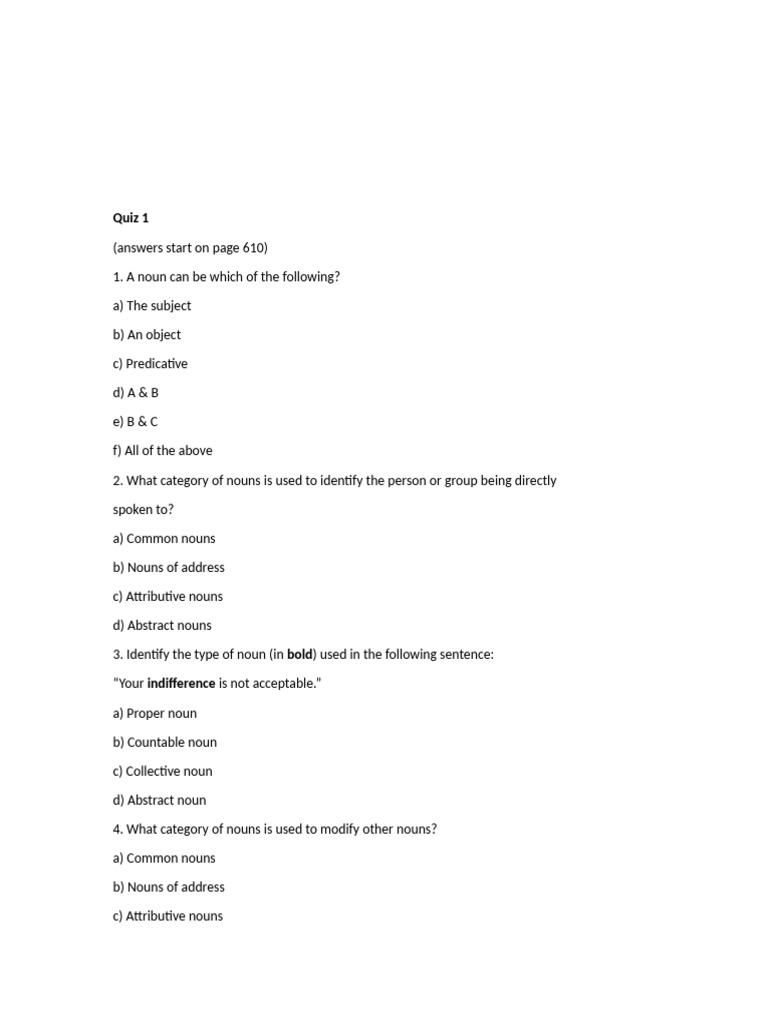 Noun and Pronoun Quizzes | PDF | Pronoun | Question
