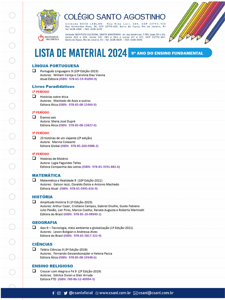 Lista de Materiais 9º Ano Ensino Fundamental | PDF