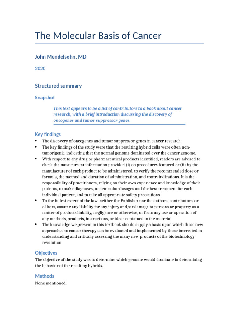 Molecular Basis of Cancer Insights | PDF | Cancer | Tumor Suppressor Gene
