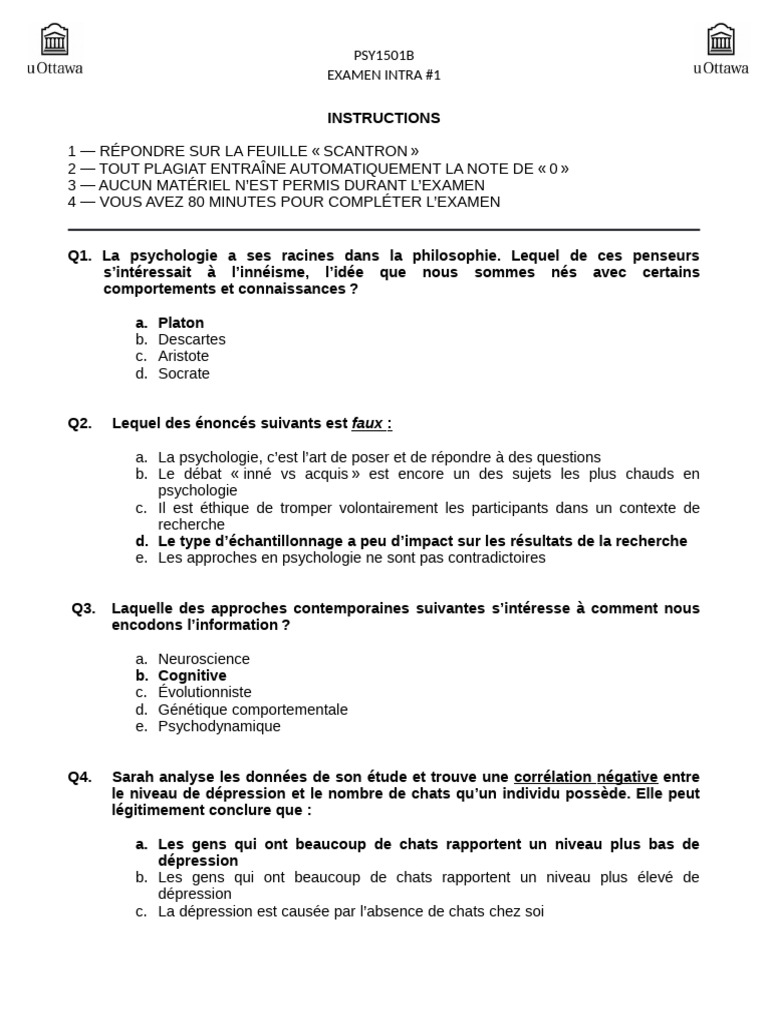 Examen Intra PSY1501B : Psychologie et Neurosciences | PDF | Système ...