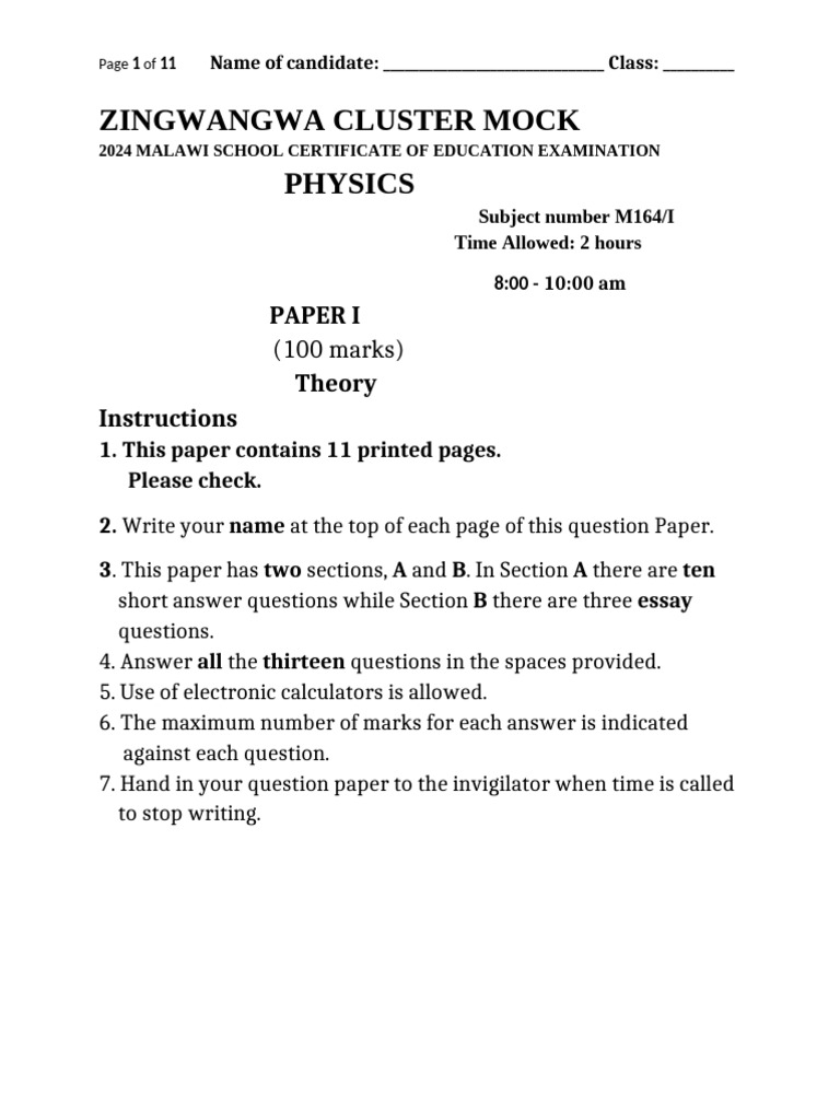 2024 Malawi School Physics Mock Exam | PDF | Force | Velocity