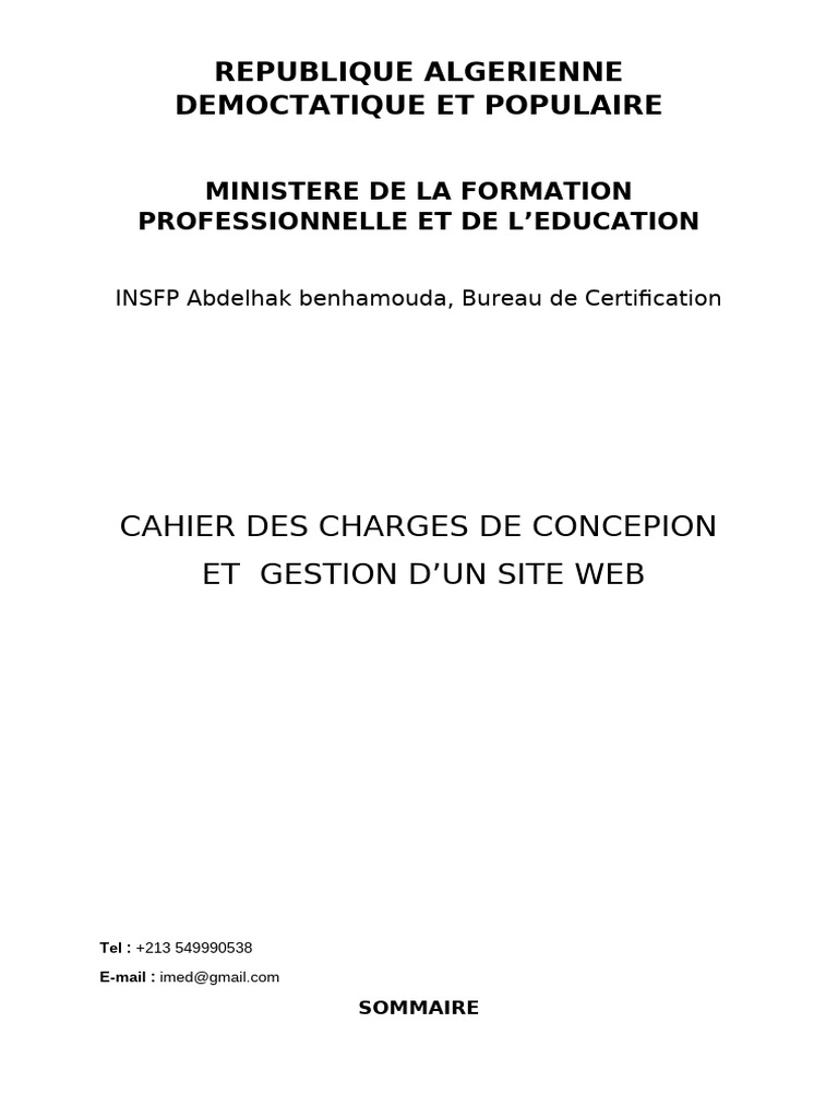 Cahier des charges site INSFP Benhamouda | PDF | Internet | Internet et Web