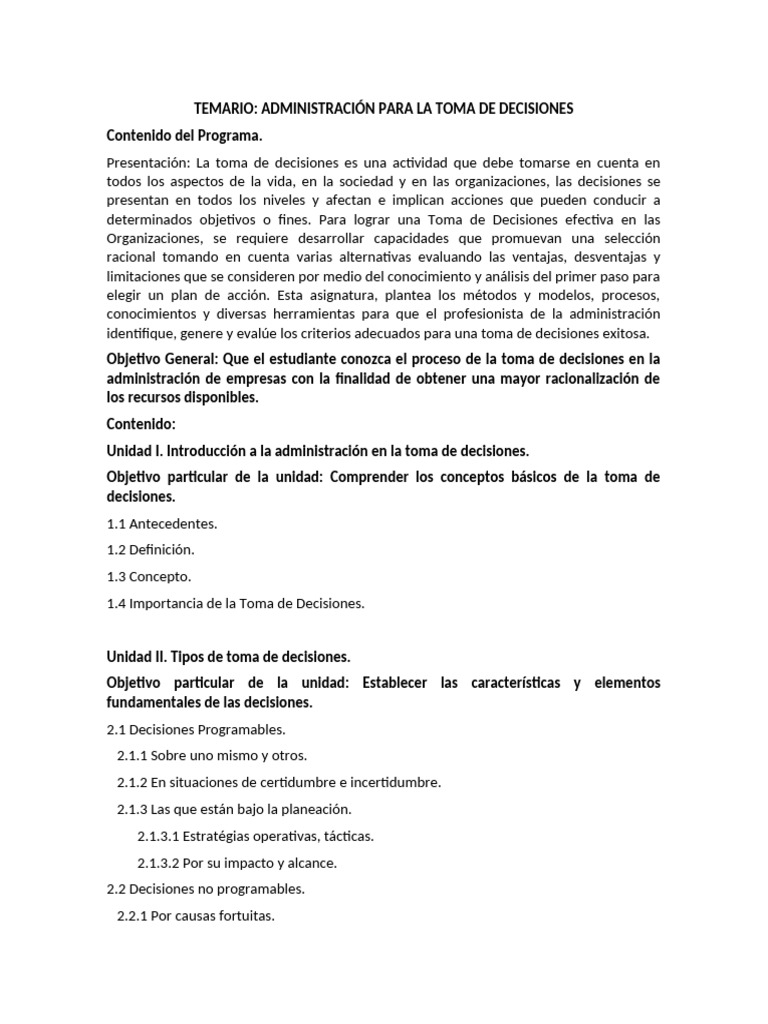 Temario de Administración para La Toma de Decisiones | PDF | Toma de ...