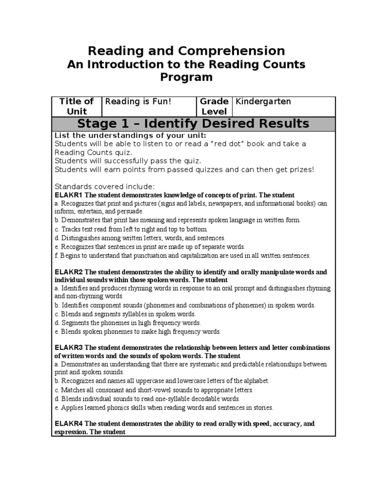Reading and Comprehension An Introduction To The Reading Counts