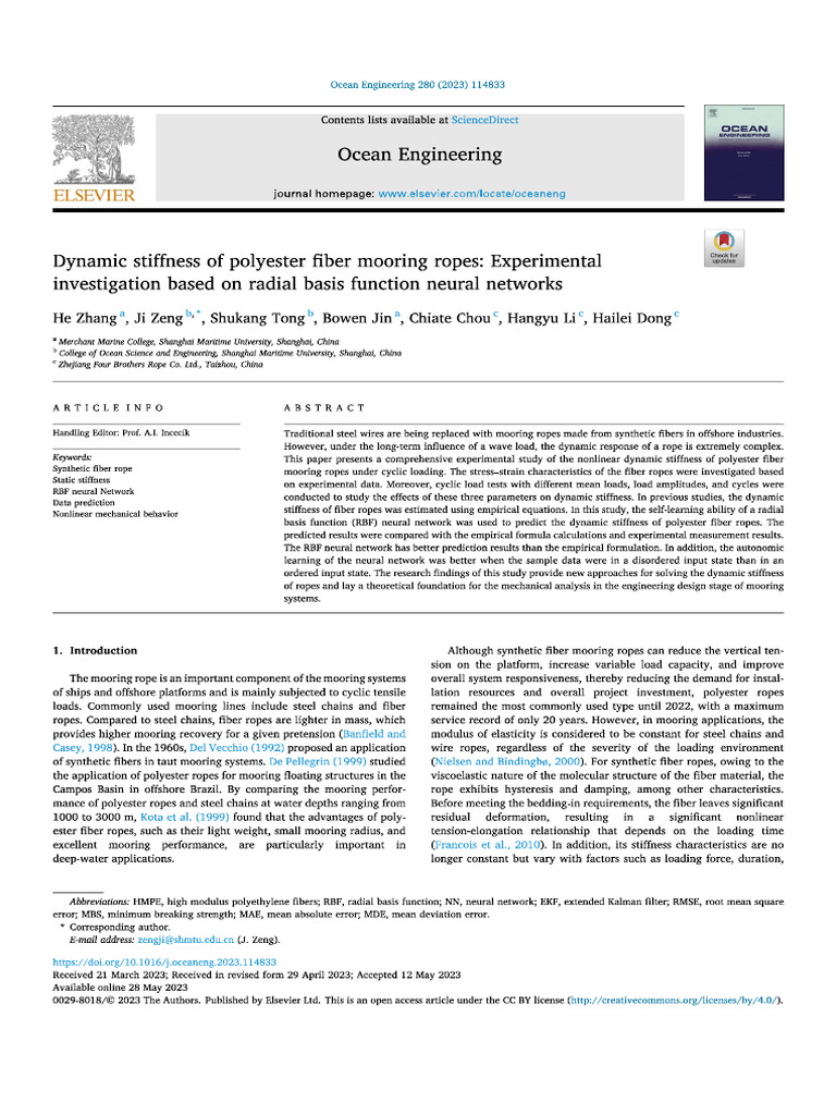 Dynamic Stiffness of Polyester Fiber Mooring Ropes - Experimental ZZZ | PDF