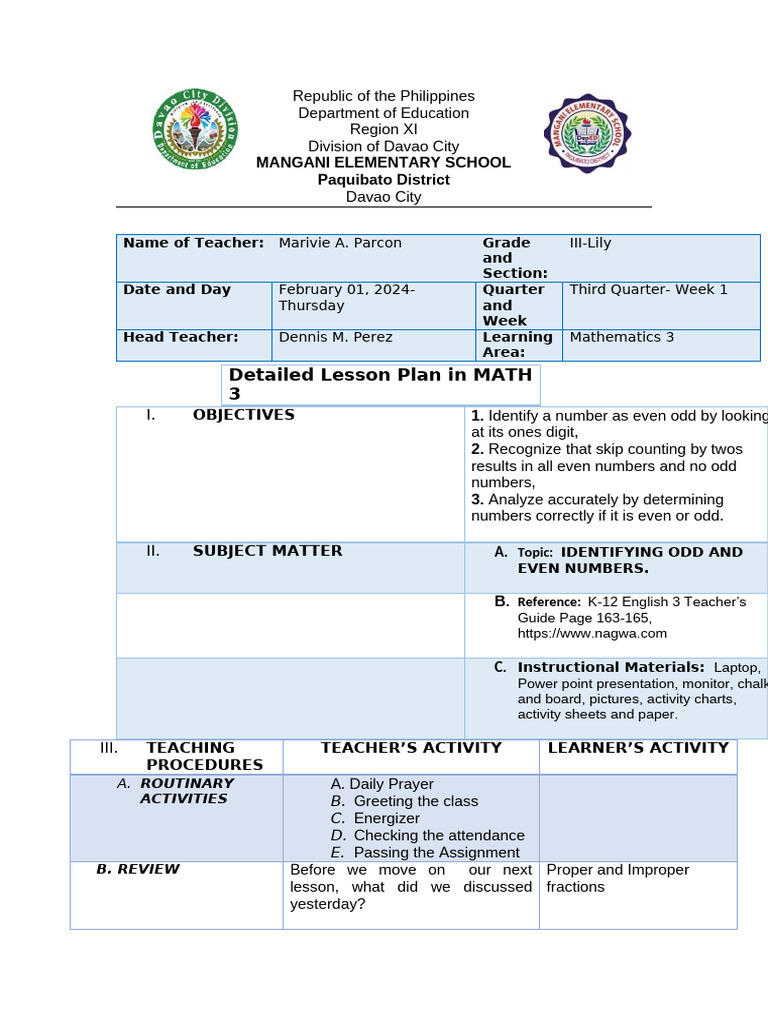 Teaching Even and Odd Numbers in Math 3 | PDF | Lesson Plan | Behavior ...