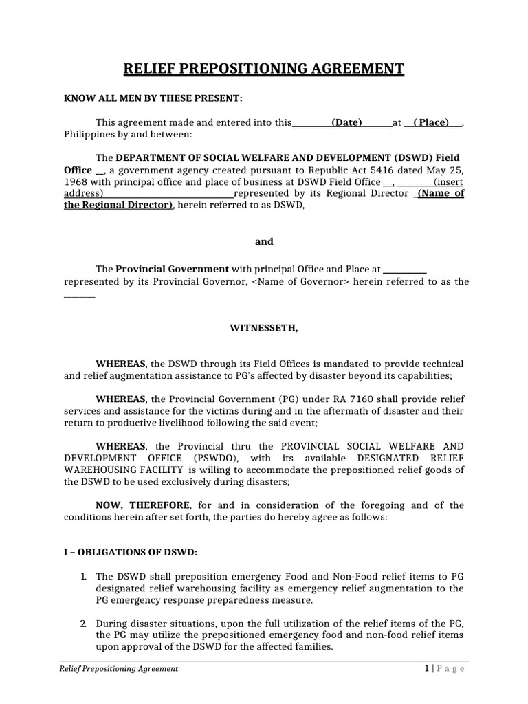 DSWD Relief Prepositioning Agreement | PDF | Warehouse | Confidentiality
