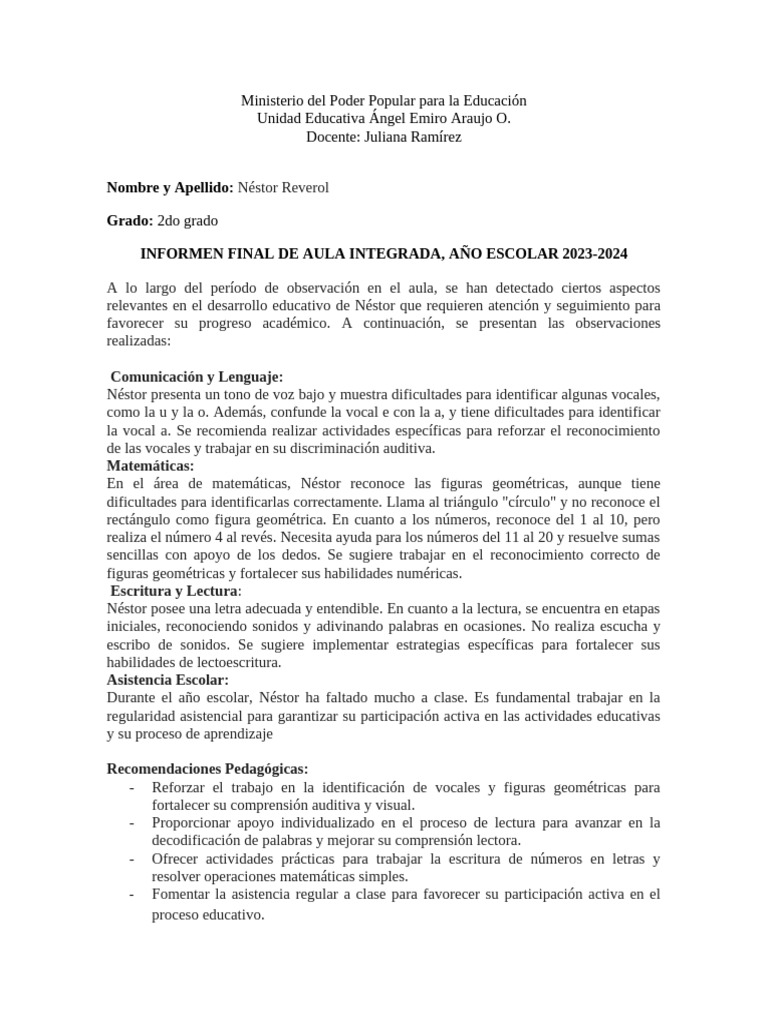 Informe Final Aula 2do Grado 2023-2024 | PDF | Salón de clases ...