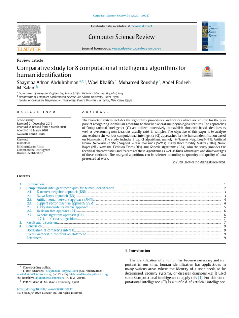 Comparative Study of CI Algorithms for Biometrics | PDF | Support ...