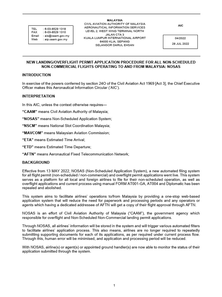 Malaysia Non-Scheduled Flight Permit Guide | PDF | Aviation