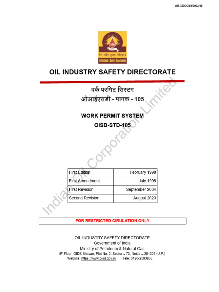OISD Work Permit System Standards | PDF | Safety