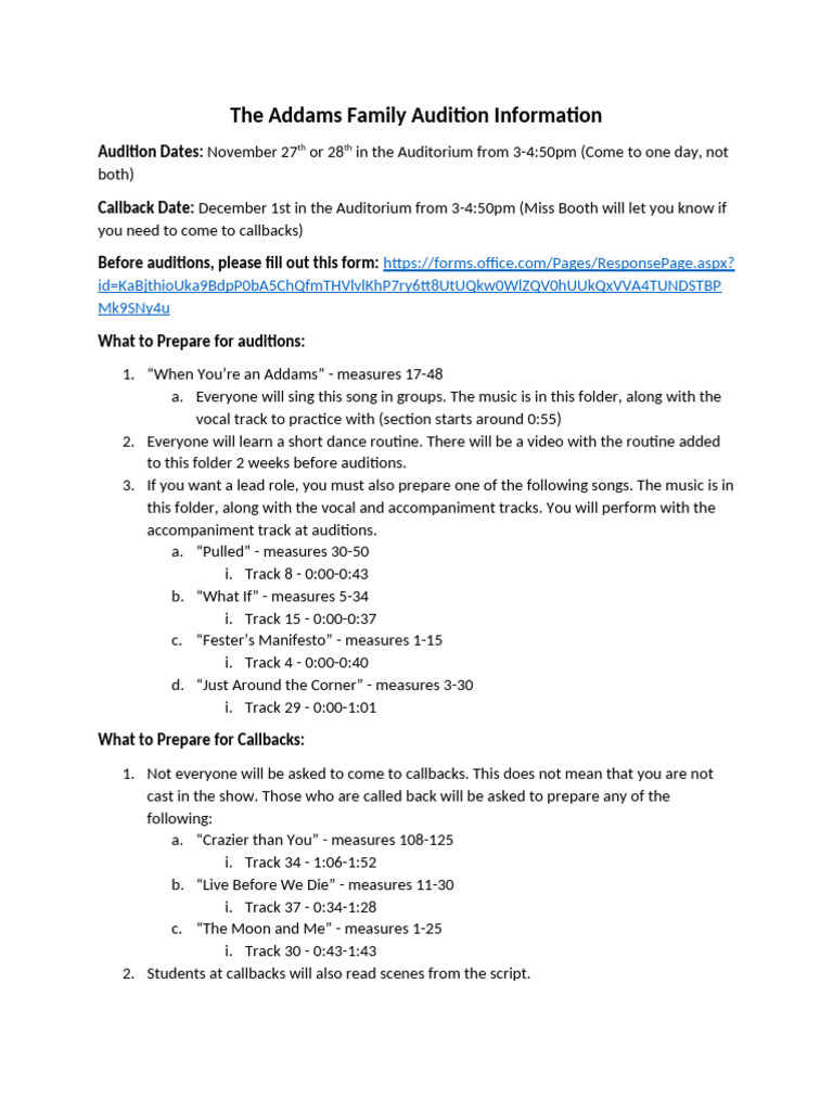 Addams Family Audition Info | PDF