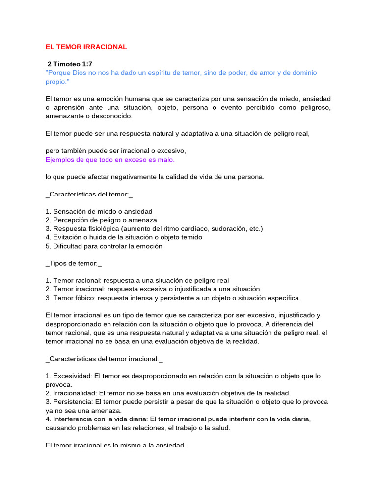 El Temor Irracional | PDF | Temor | Oración