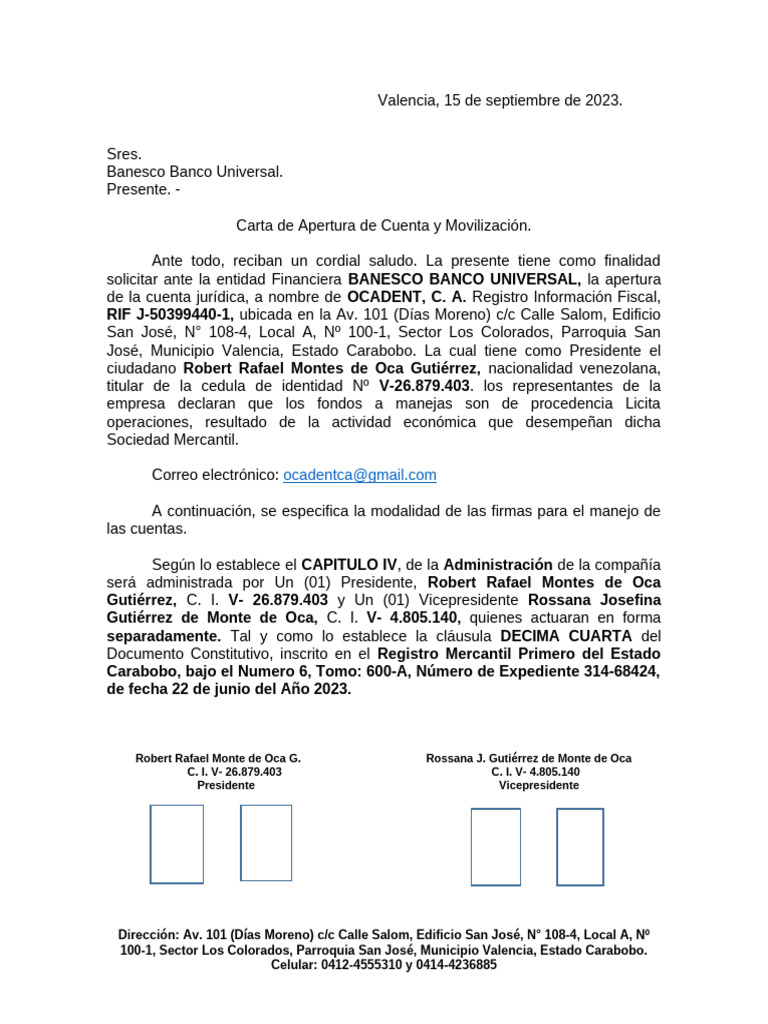 Carta Apertura de Cuenta Banesco Ocadent, C. A. | PDF
