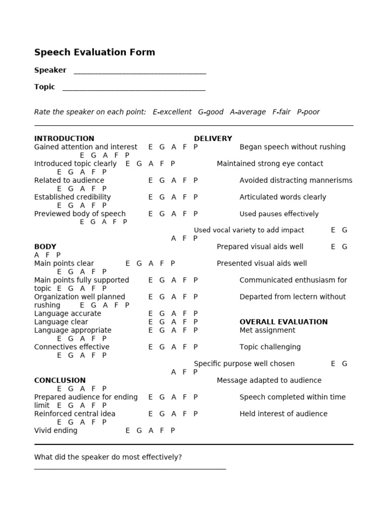 Speech Evaluation Form Template | PDF | Speech | Psychological Concepts