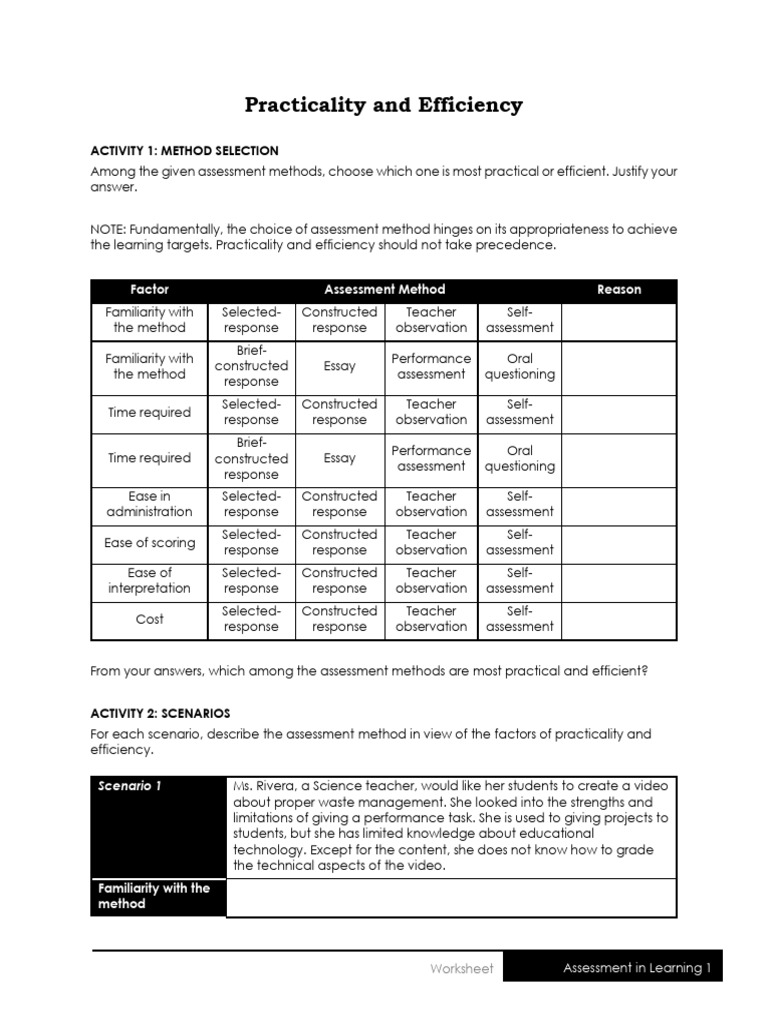 Practical Assessment Methods Worksheet | PDF | Learning | Cognitive ...