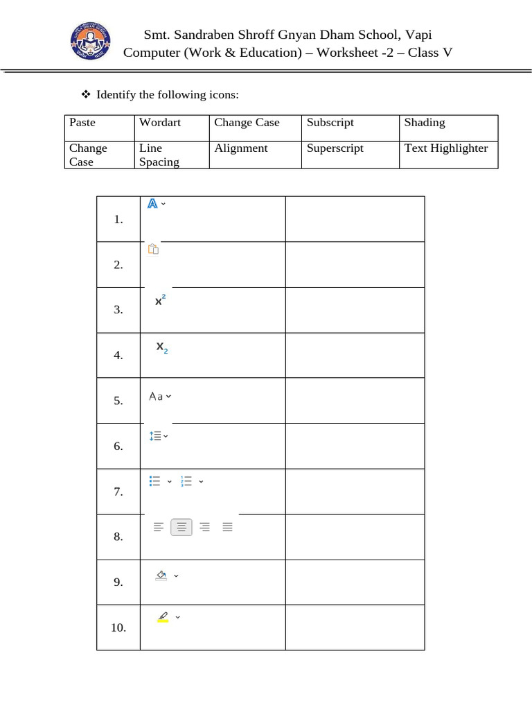 Class V Computer Worksheet - Icon Identification | PDF