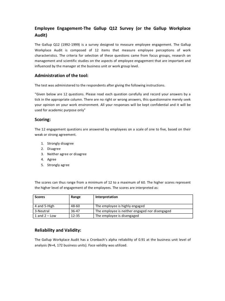 Gallup Q12 Employee Engagement Survey | PDF | Validity (Statistics ...