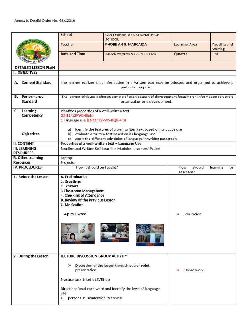 Detailed Lesson Plan: Language Use | PDF | Learning | Lesson Plan
