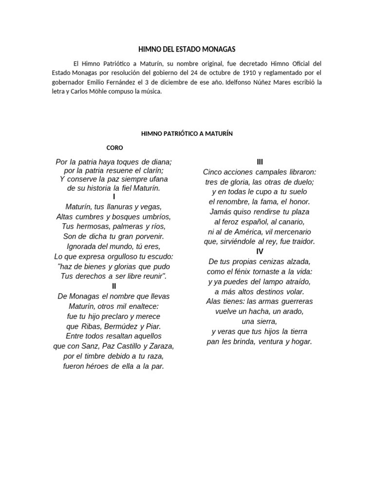 Letra del Himno del Estado Monagas | PDF | Himnos | Canciones ...