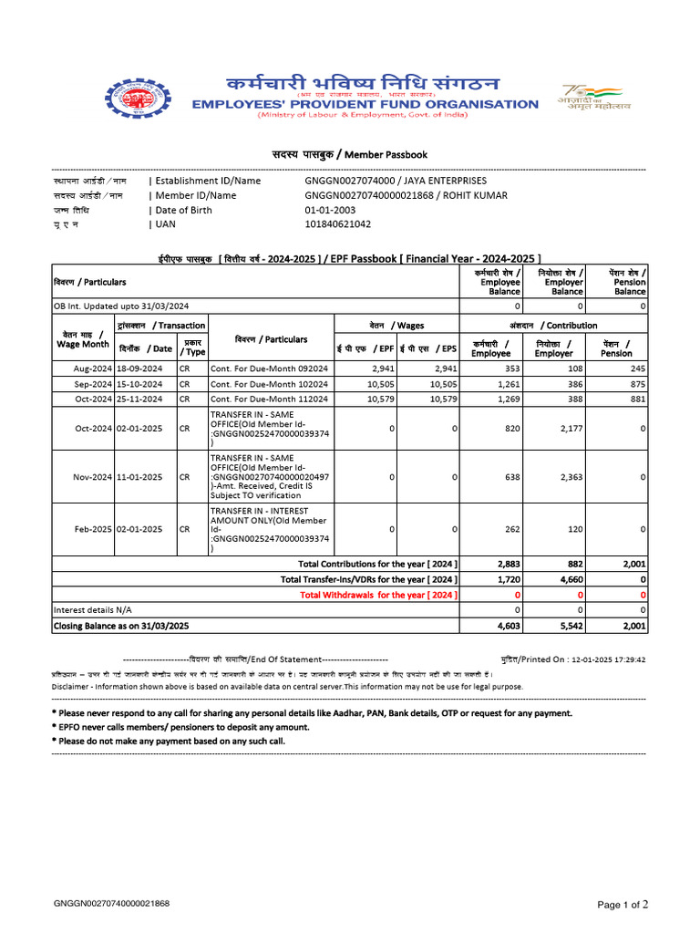 EPF Passbook Summary for 2024-2025 | PDF | Financial Services | Taxation