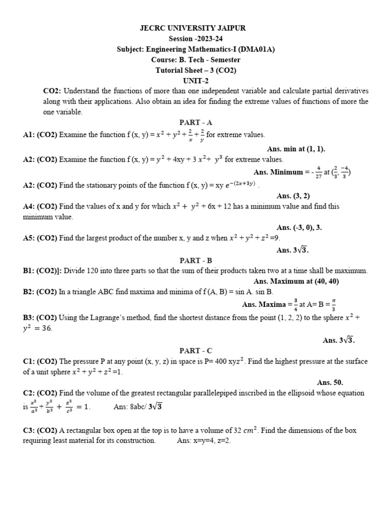 Engineering Mathematics I: Partial Derivatives | PDF | Applied ...