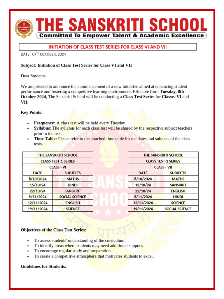 Circular For Class Test Series For Students G6&7 | PDF | Behavior ...