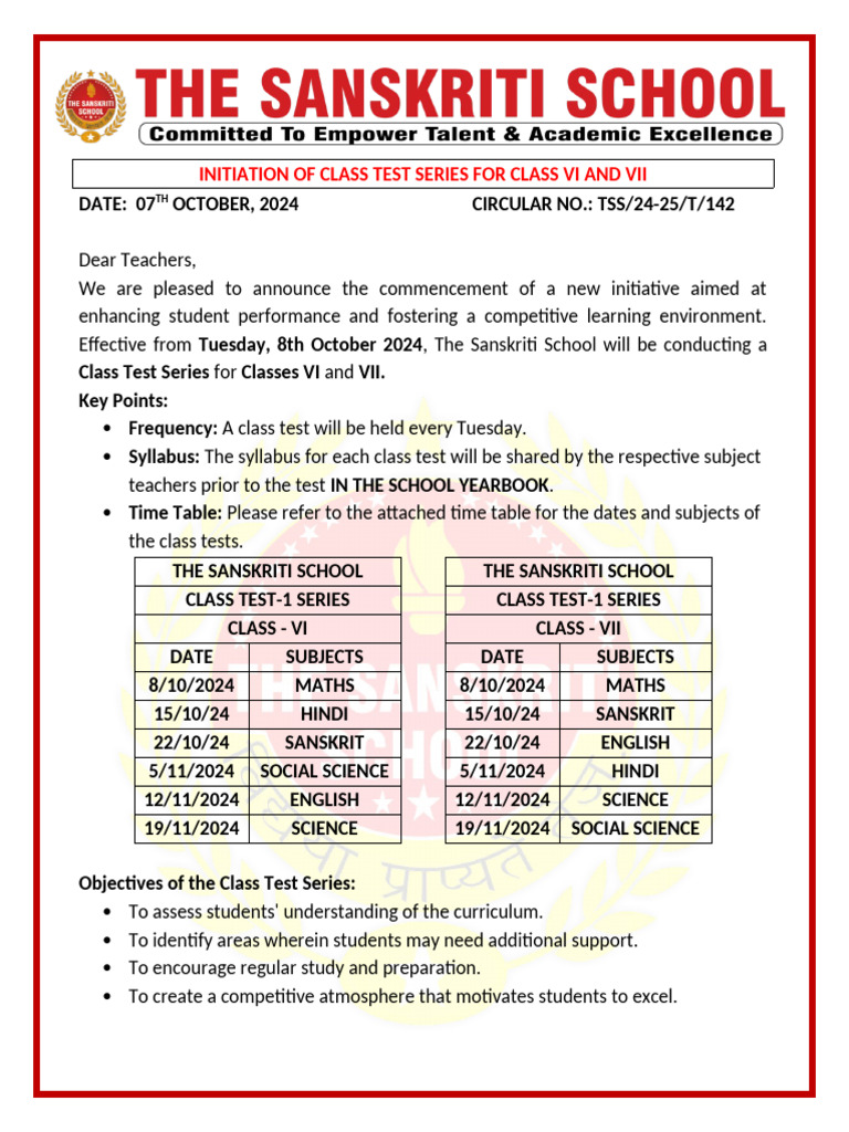Circular Class Test Series G6&7 | PDF | Education Theory | Learning