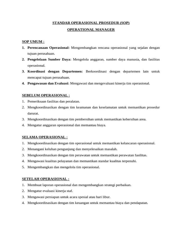 SOP Pengelolaan Operasional Manager | PDF