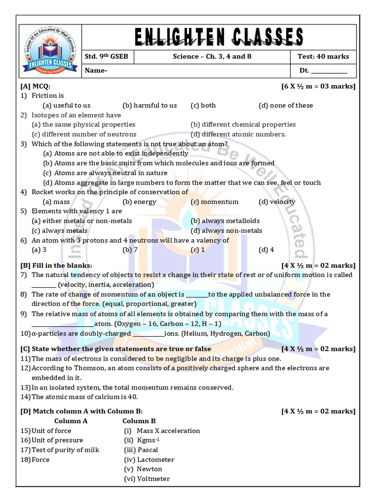 GSEB Std. 9 Science Test Overview | PDF | Atoms | Electron